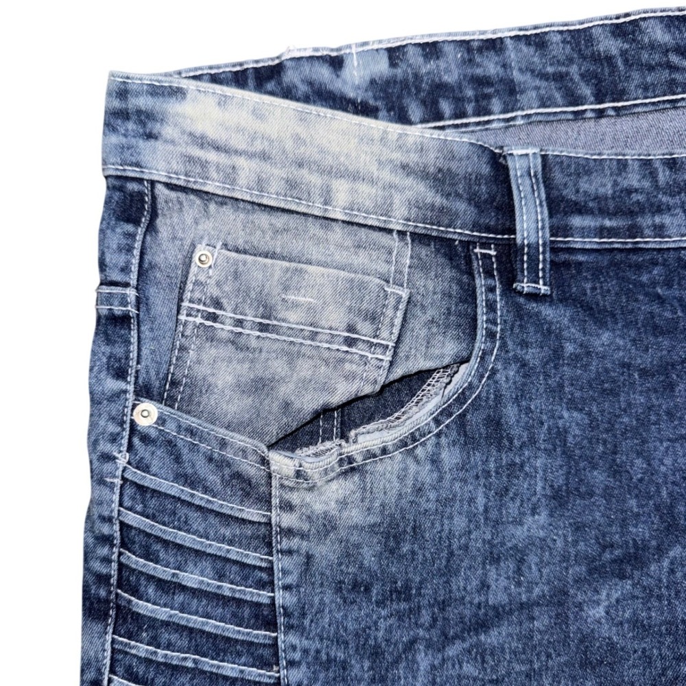 Southpole Mens Blue Acid Wash Biker Denim Shorts Moto Ribbed Zippers Size 52 - Picture 9 of 13
